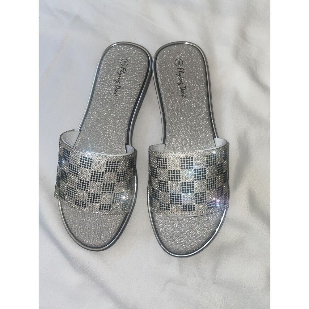 Women's Summer White silver Glitter Flat‎ Slipper Slides Slip-On Size 10 Sandals